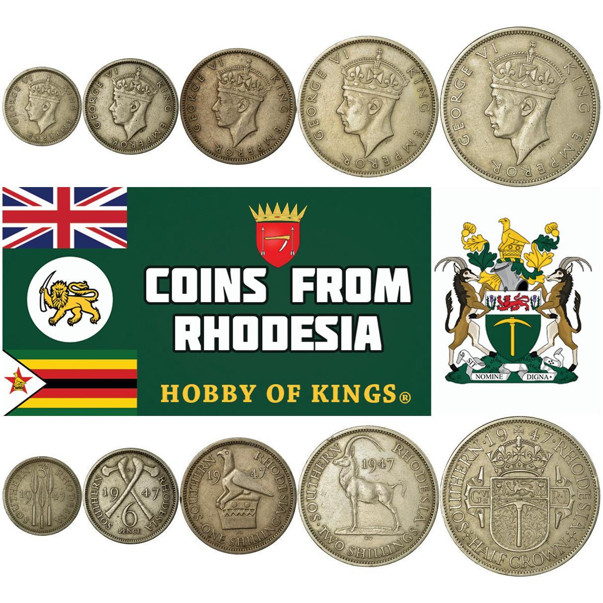 Southern Rhodesia | 5 Coin Set | 3 6 Pence 1 Shilling 2 Shillings 1/2 Crown | 1947