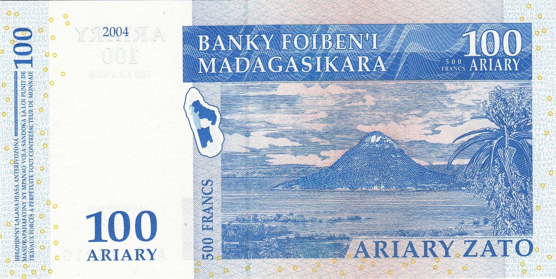 Madagascar | 100 Ariary / 500 Francs Banknote | 2004 | Ravinala Palm | Limestone Needle Forest | Map of Madagascar | Sugar Loaf Hill