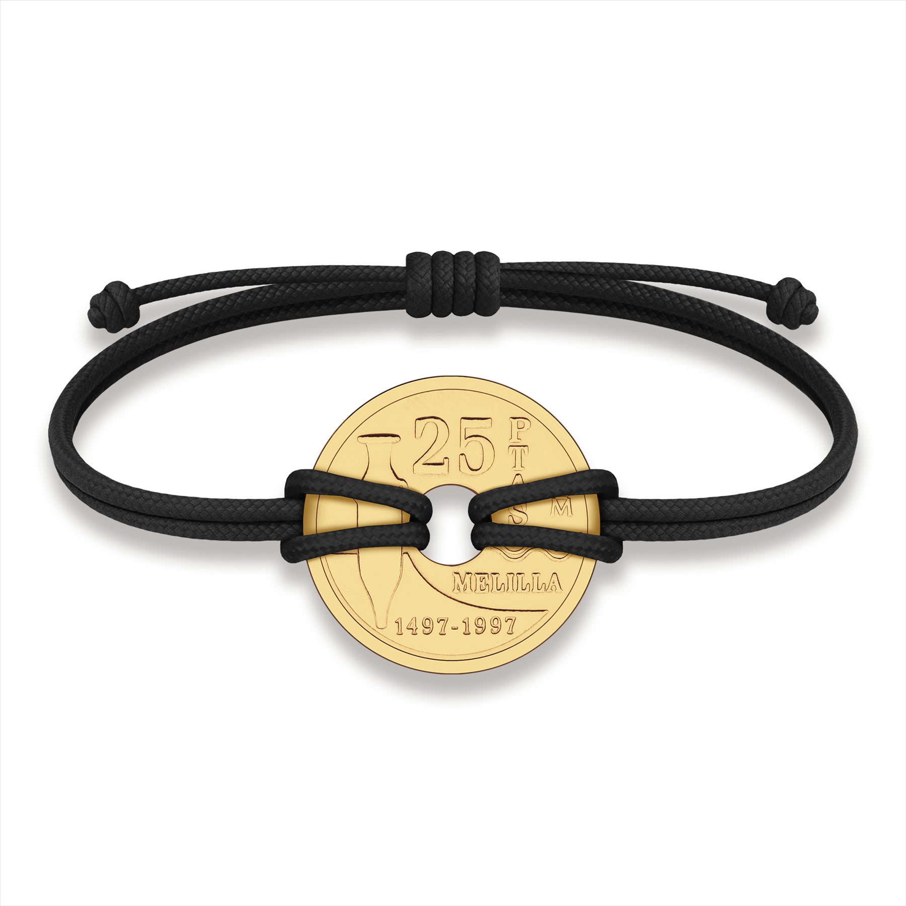 Good Luck Coin Bracelet | Black String Thread Wristband | Spain 25 Pesetas | 18k Gold Plated Fortune Wealth & Protection