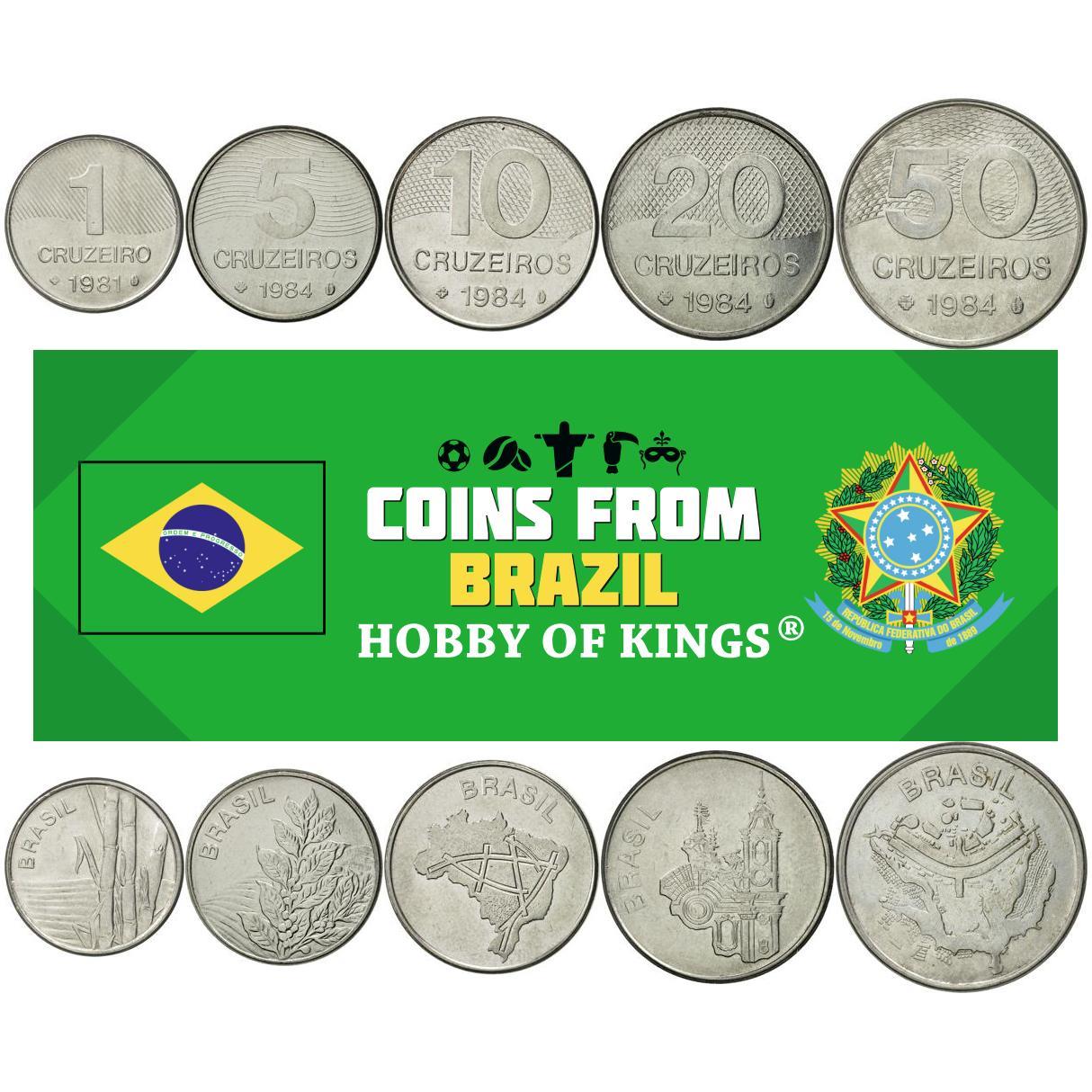Set 5 Munten Brazilië 1 5 10 20 50 Cruzeiros Braziliaanse Munteenheid 1979 - 1984