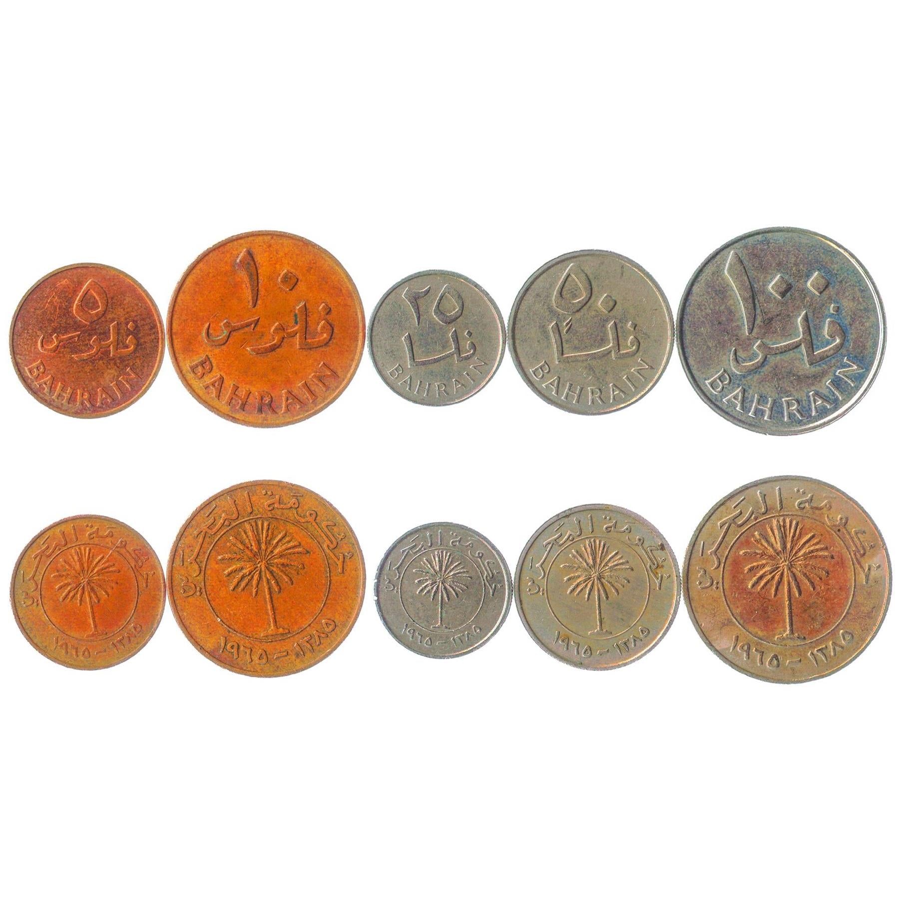 Bahraini 5 Coin Set 5 10 25 50 100 Fils | Palm Tree | 1965