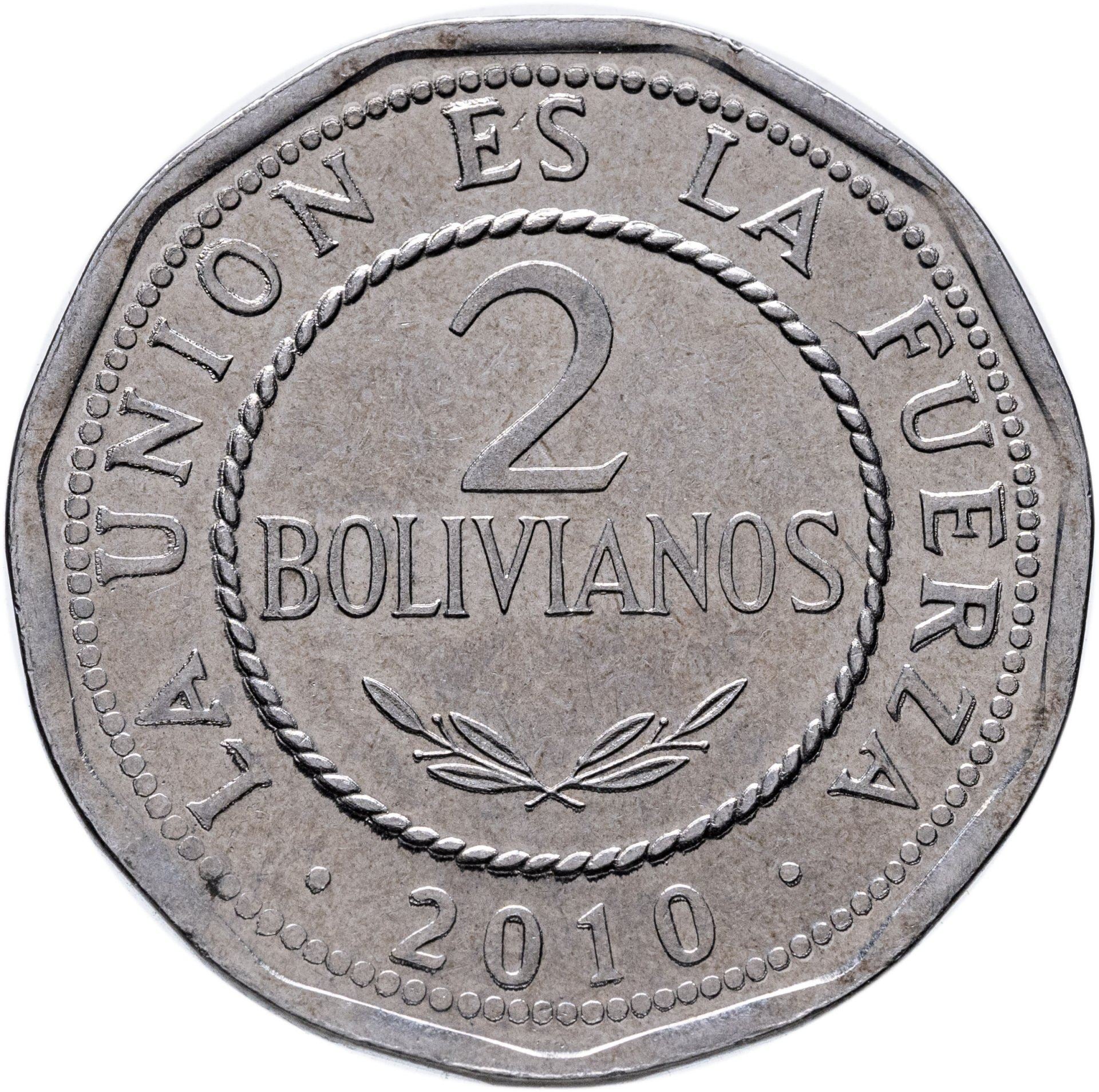 Bolivia | 2 Bolivianos | Stainless steel | Coat of Arms | KM:218 | 2010-2025