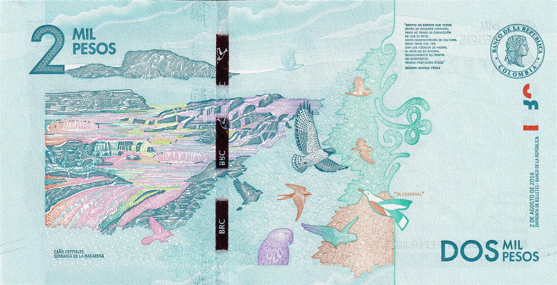 Colombia | 2000 Pesos Banknote | 2015 - 2023 | Débora Arango | Birds | Serranía de la Macarena