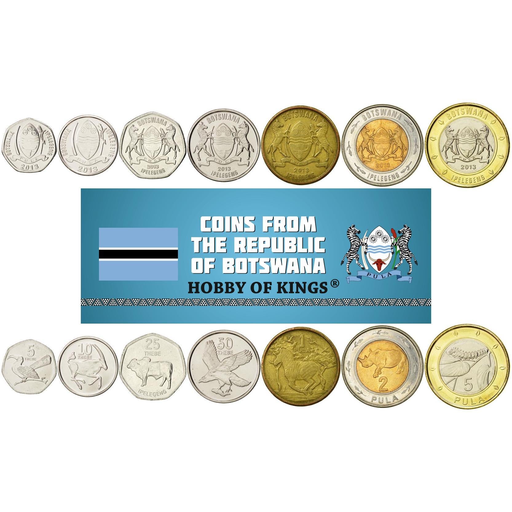 Batswana 7 Coin Set 5 10 25 50 Thebe 1 2 5 Pula | Gemsbok | Bull | Zebra | Rhinoceros | Eagle | Mopane Worm | Botswana | 2013 - 2016