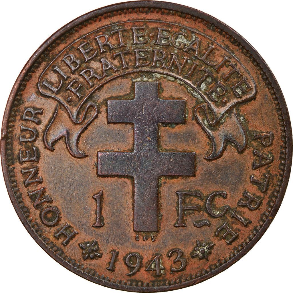 French Cameroon | 1 Franc Coin | Rooster | Lorraine Cross | Km:7 | 1943