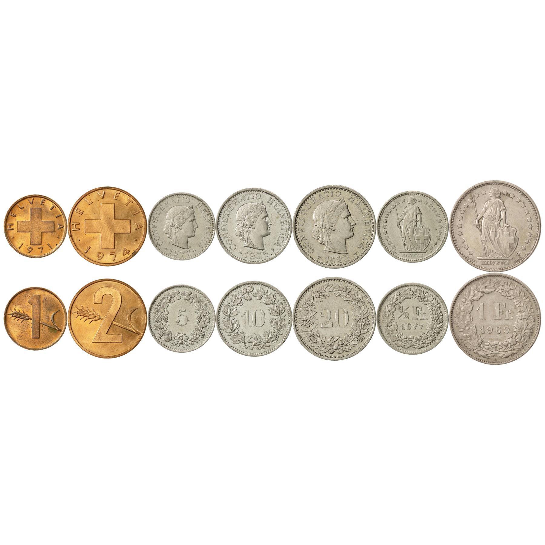 Swiss 7 Coin Set 1 2 5 10 20 Rappen 1/2 1 Franc | Wheat | Libertas | H