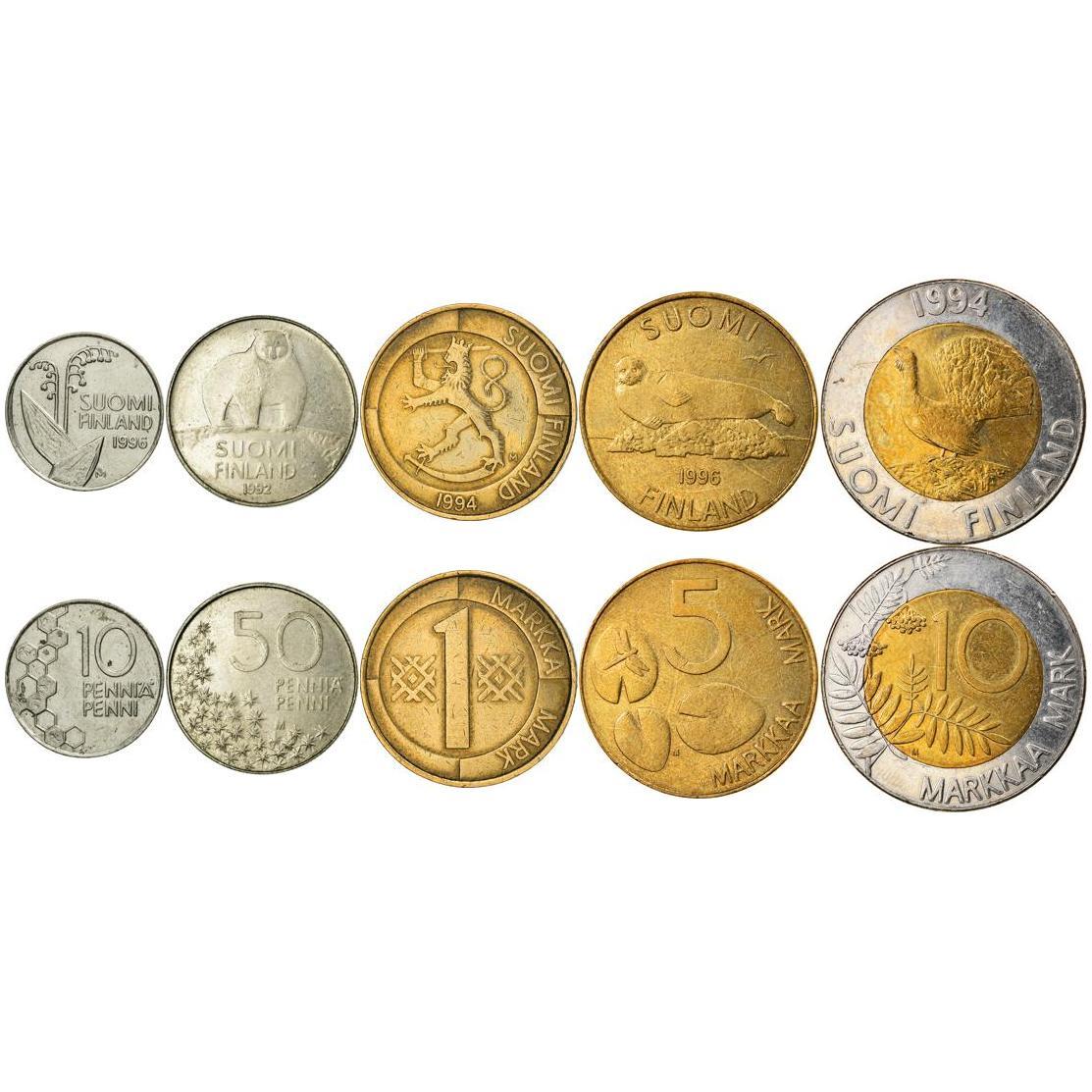 Finland | 5 Coin Set | 10 50 Pennia 1 Markka 5 10 Markkaa | 1990 - 2001