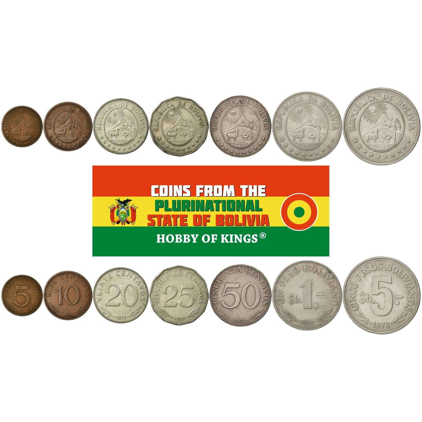 Bolivia | 7 Coin Set | 5 10 20 25 50 Centavos 1 5 Pesos Bolivianos | 1965 - 1980