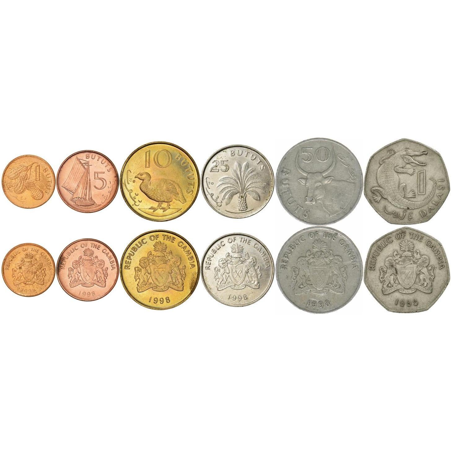 The Gambia | 6 Coin Set | 1 Butut 5 10 25 50 Bututs 1 Dalasi | 1998