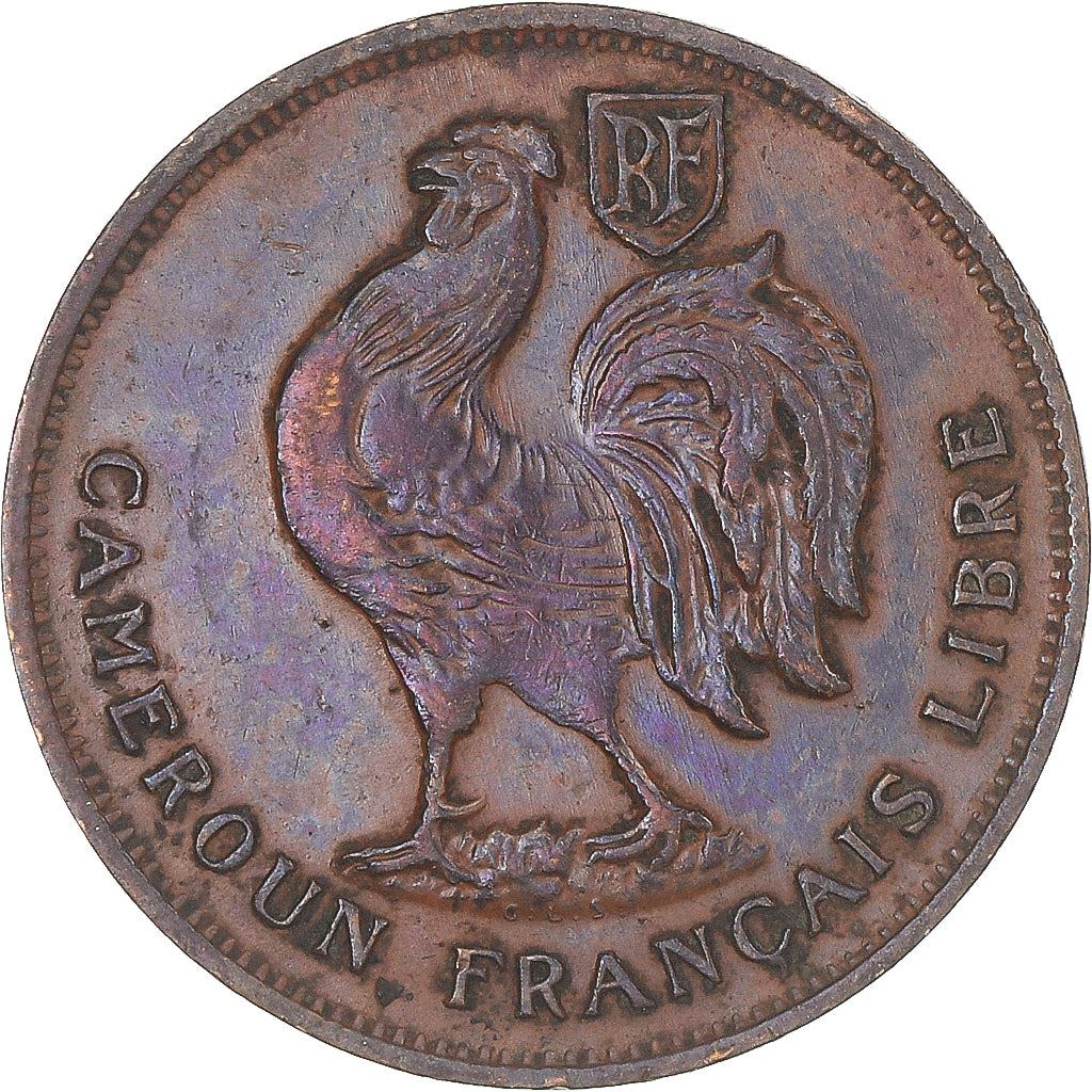 French Cameroon | 1 Franc Coin | Rooster | Lorraine Cross | Km:7 | 1943