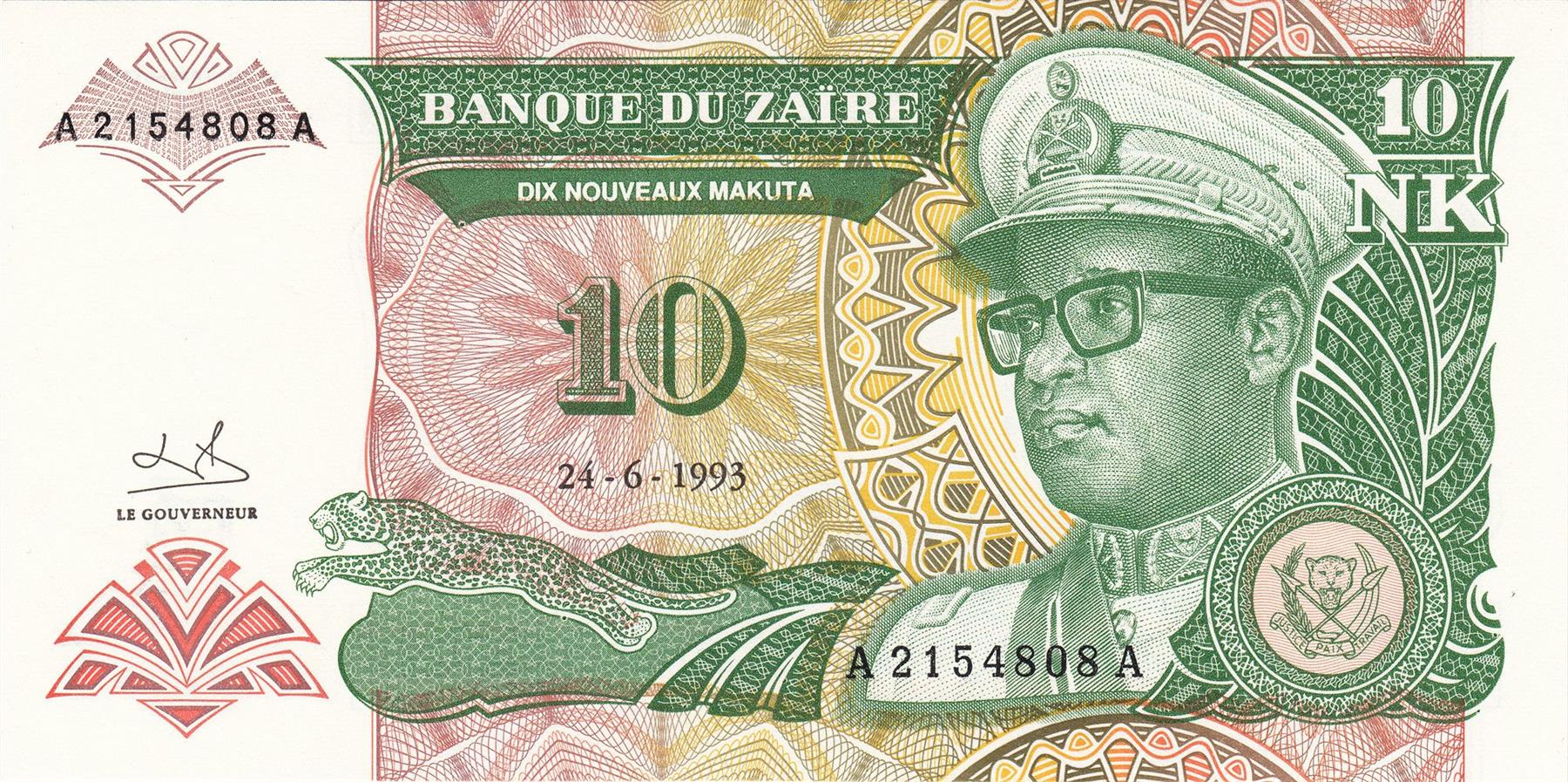Zaire | 10 Nouveaux Makuta Banknote | 1993 | Leaping Leopard | Mobutu Sese Seko | Elephant Tusks | Smokestack | Pyramids