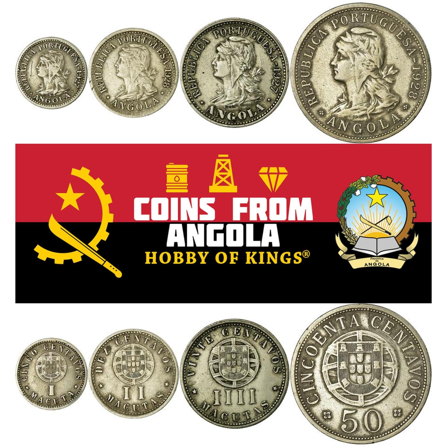 Angola | 4 Coin Set | 5 Centavos / 1 Macuta 10 Centavos / 2 20 Centavos / 4 Macutas 50 Centavos | 1927 - 1928
