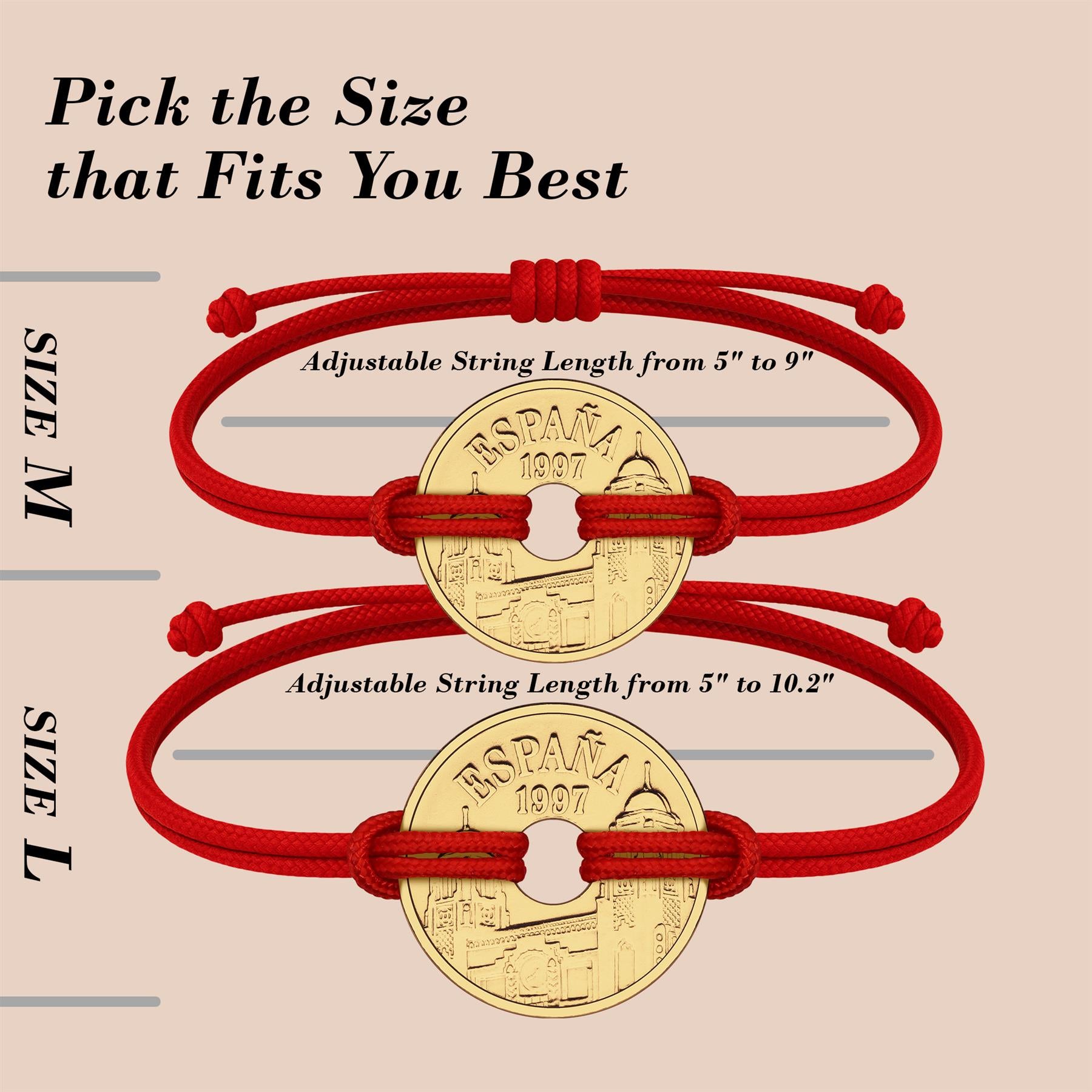 Good Luck Coin Bracelet | Red String Thread Wristband | Spanish 25 Pesetas 1997 | 18k Gold Plated Fortune Wealth & Protection