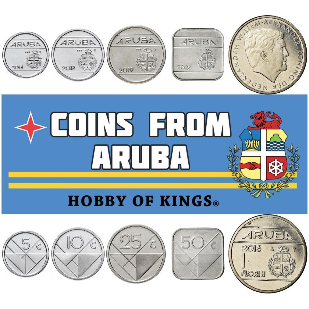 Aruba | סט של 5 מטבעות | 5 10 25 50 סנט 1 פלורין | עיצוב גאומטרי | המלך וילם-אלכסנדר | 2014 - 2023