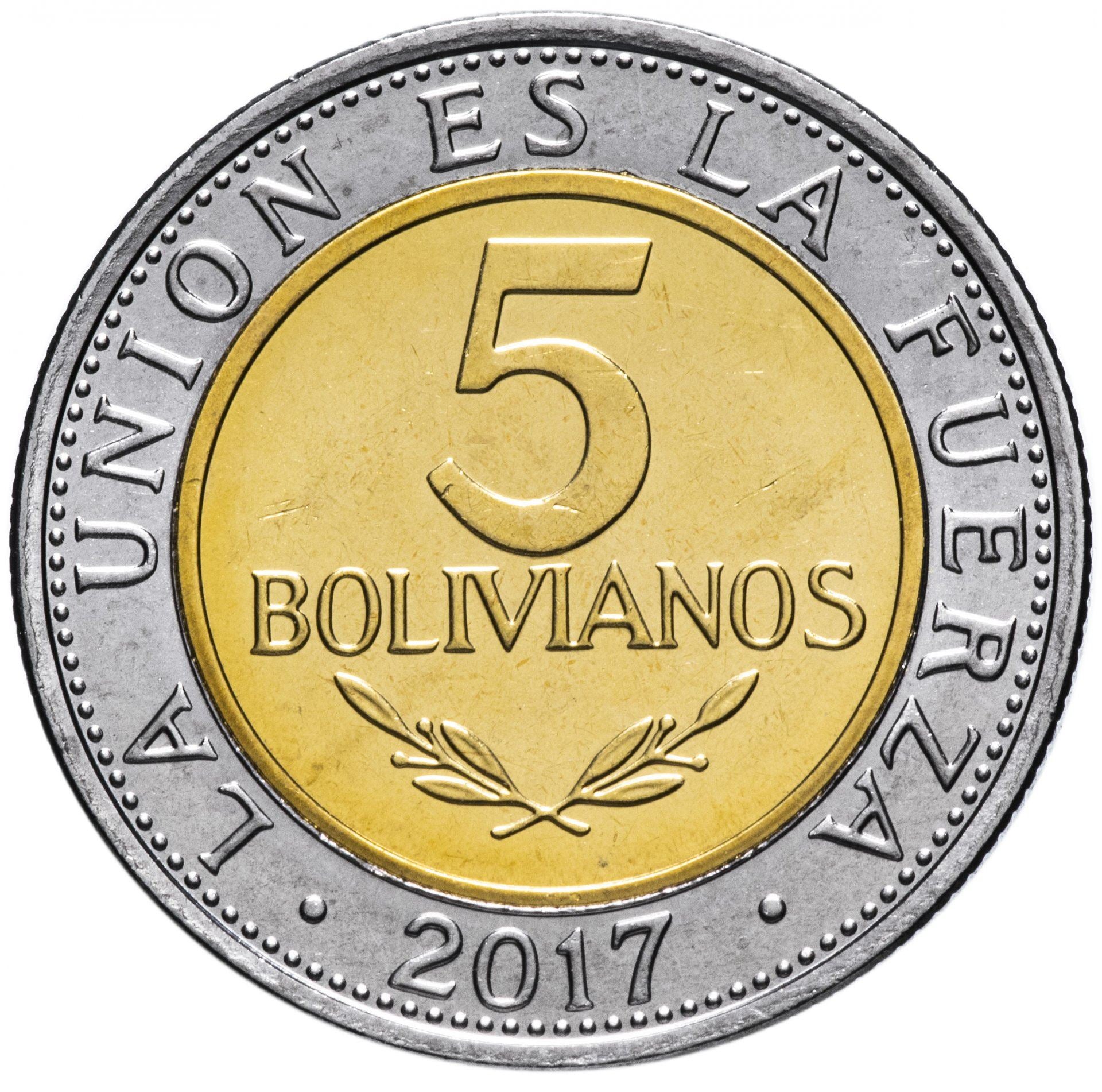 Bolivia | 5 boliviano-mønt | Bimetallisk | Fugl | Flag | Våbenskjold | Skydevåben | KM:224 | 2017