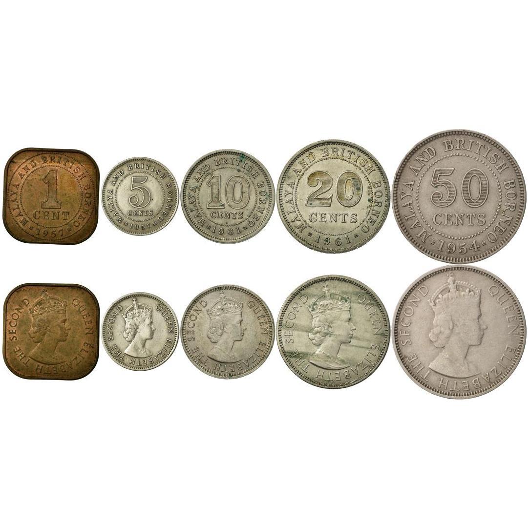Malaya and British Borneo | 5 Coin Set | 1 Cent 5 10 20 50 Cents | 1953 - 1961