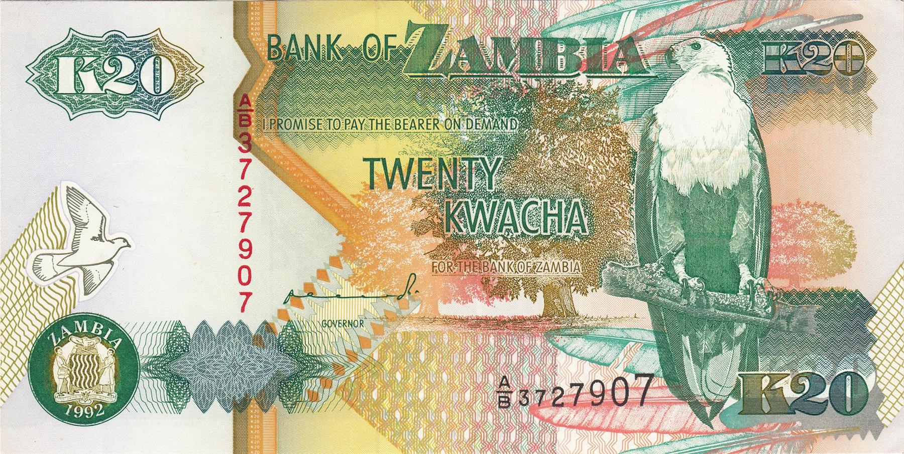 Zambia | 20 Kwacha Banknote | 1992 - 1995 | African Fish Eagle | Tree | Kudu | President's Palace | Freedom Statue