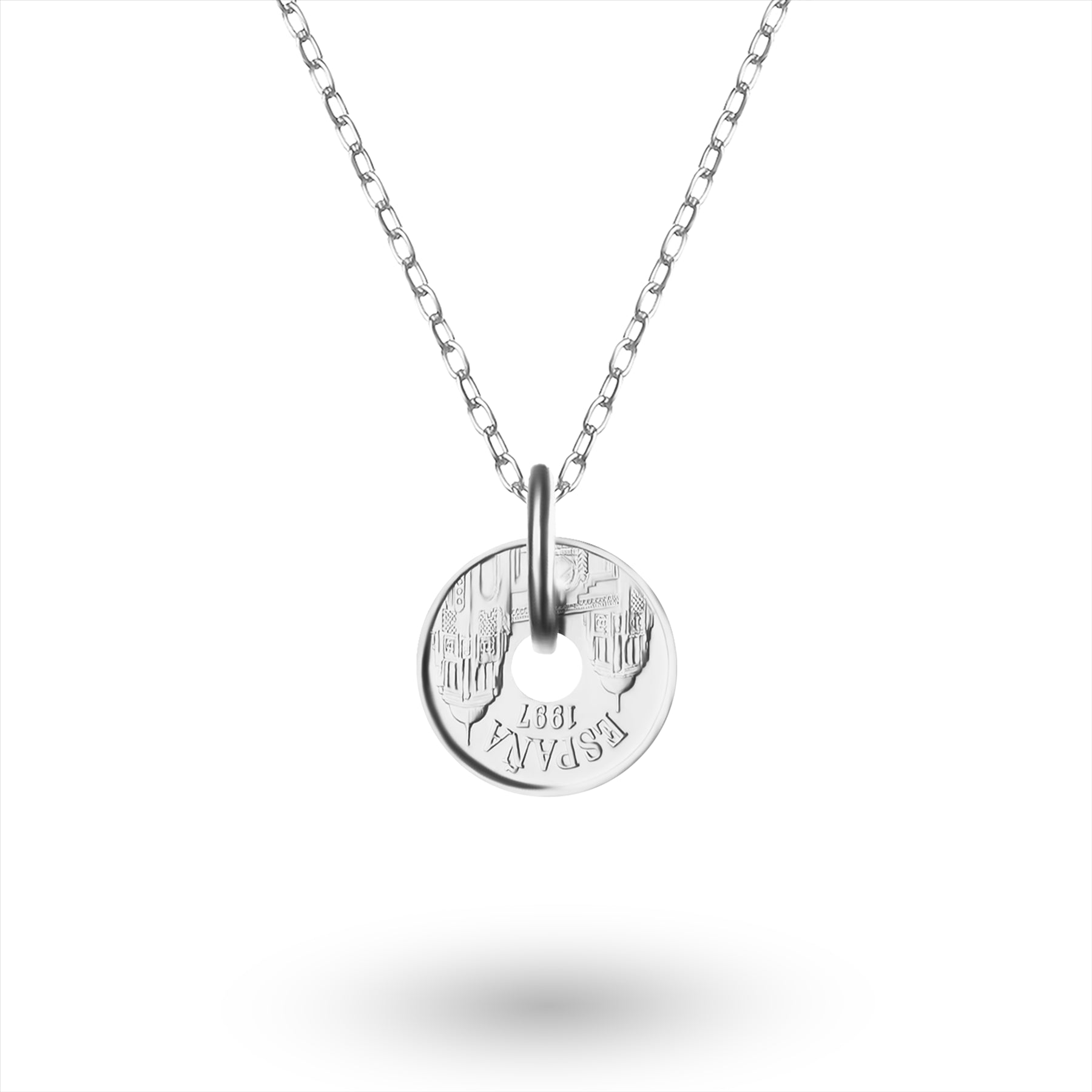 Spanish Coin Necklace | Medallion Pendant Jewelry | Rhodium Plated 25 Pesetas | Melilla | 1997