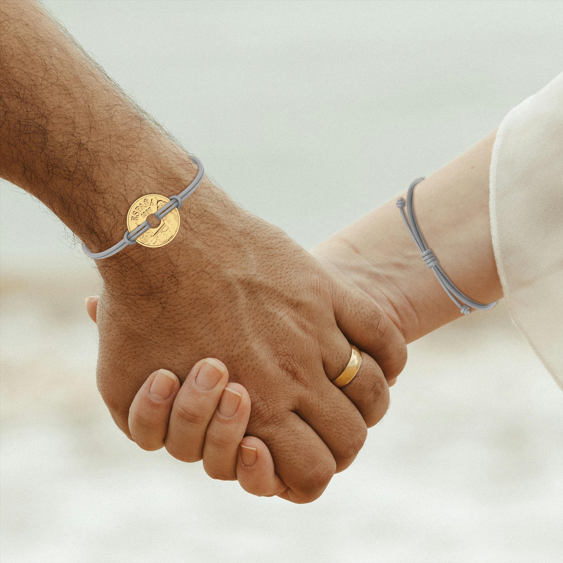 Good Luck Coin Bracelet | Gray String Thread Wristband | Spanish 25 Pesetas 1997 | 18k Gold Plated Fortune Wealth & Protection