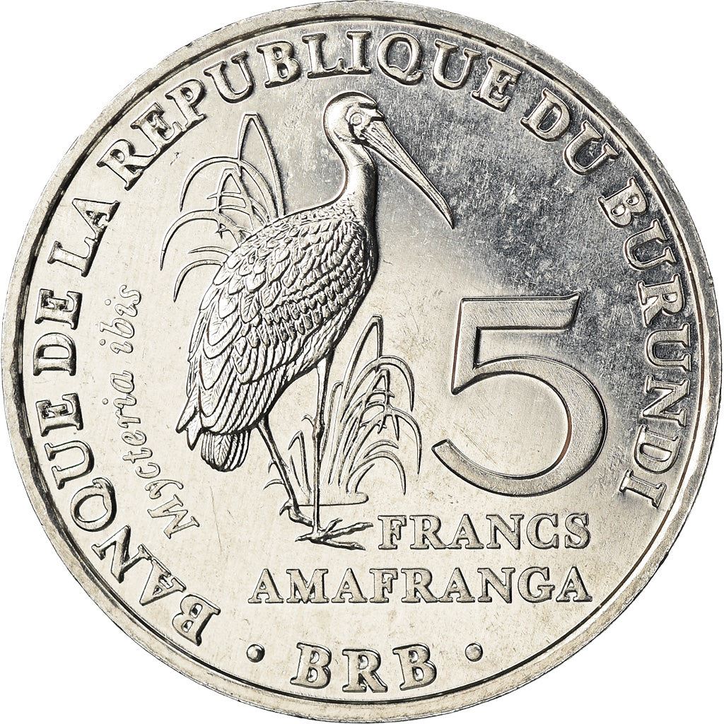Burundi | 5 Francs Coin | Yellow-billed stork | Km:27 | 2014