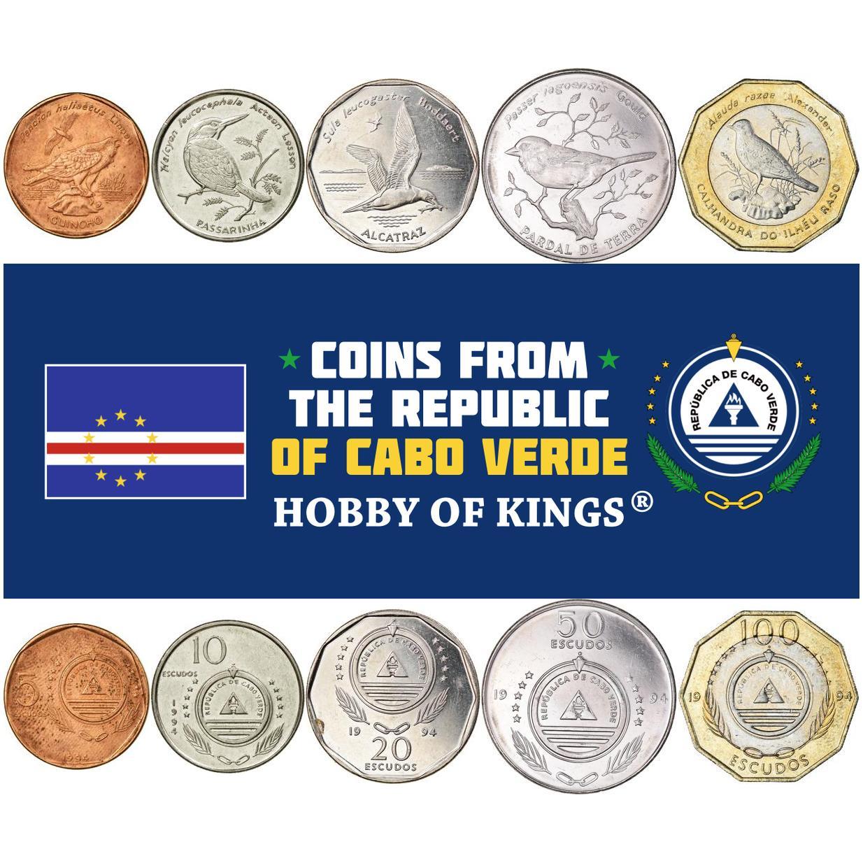 Capo Verde | Set di 5 monete commemorative | 5 10 20 50 100 Escudos | Uccelli | Falco pescatore | Martin pescatore | Sula | Passero | Allodola | 1994
