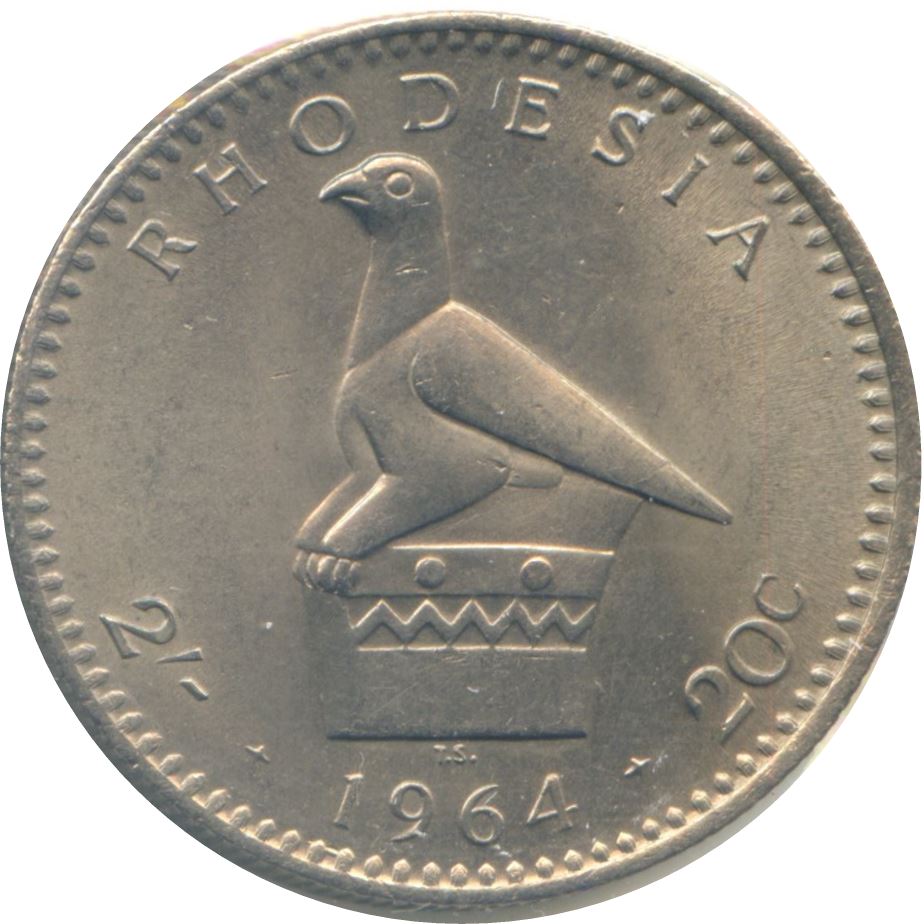 Rhodesia | 2 Shillings / 20 Cents Coin | Elizabeth II | Zimbabwe Bird | Km:3 | 1964