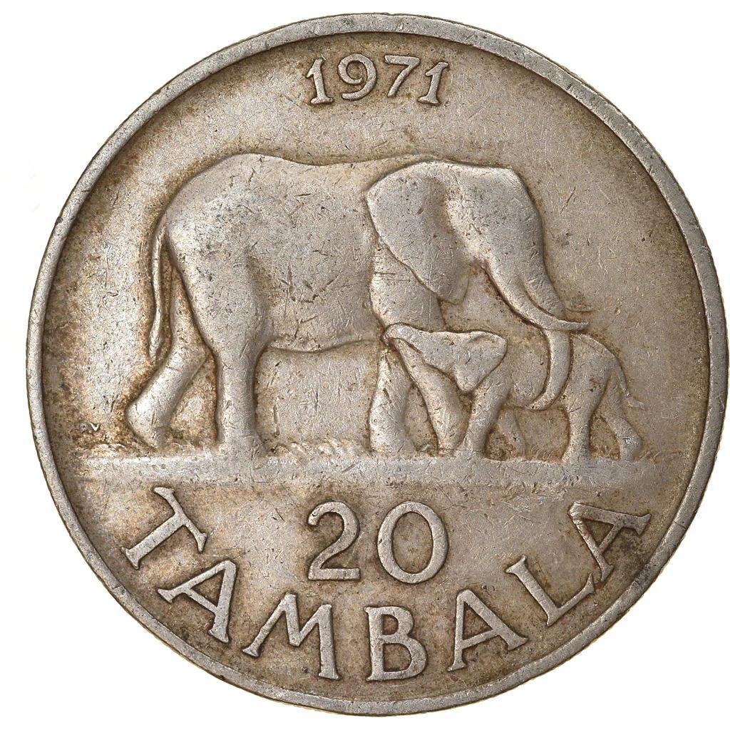 מטבע מלאווי מלאווי | 20 טמבאלה | הנשיא הייסטינגס בנדה | פיל | KM11 | 1971 - 1985