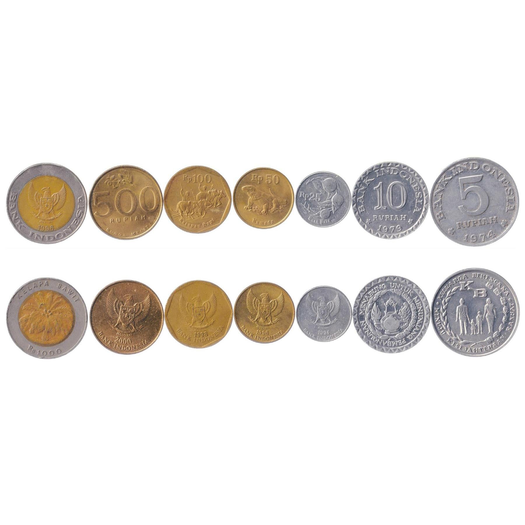 Indonesiska 7 myntset 5 10 25 50 100 500 1000 Rupiah | Muskot | Oljepalm | Jasmin | Oxe | Komodovaran | Oljelampa | Garuda Pancasila | 1974 - 2003