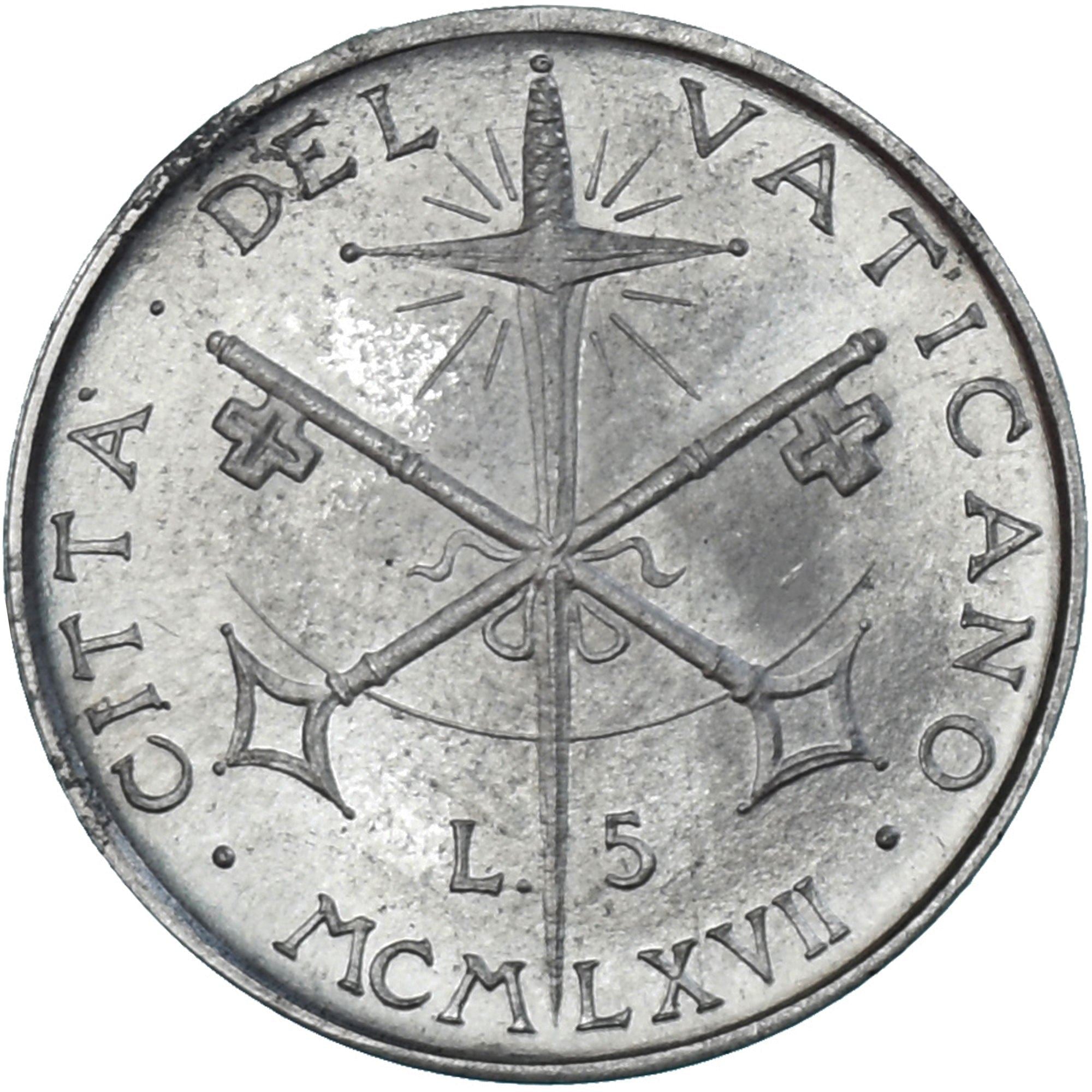 Vatican City | 5 Lire Coin | Paul VI | Km:94 | 1967