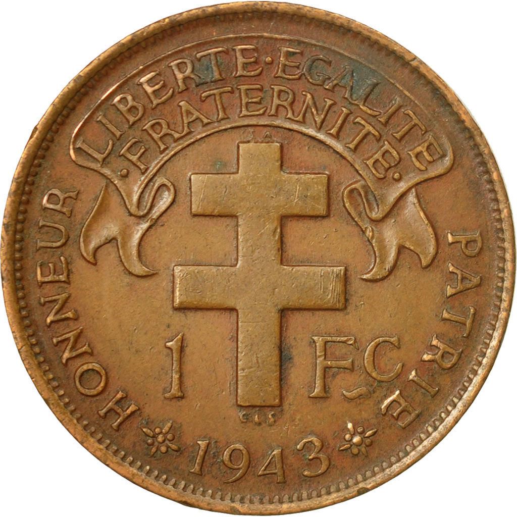 French Cameroon | 1 Franc Coin | Rooster | Lorraine Cross | Km:7 | 1943