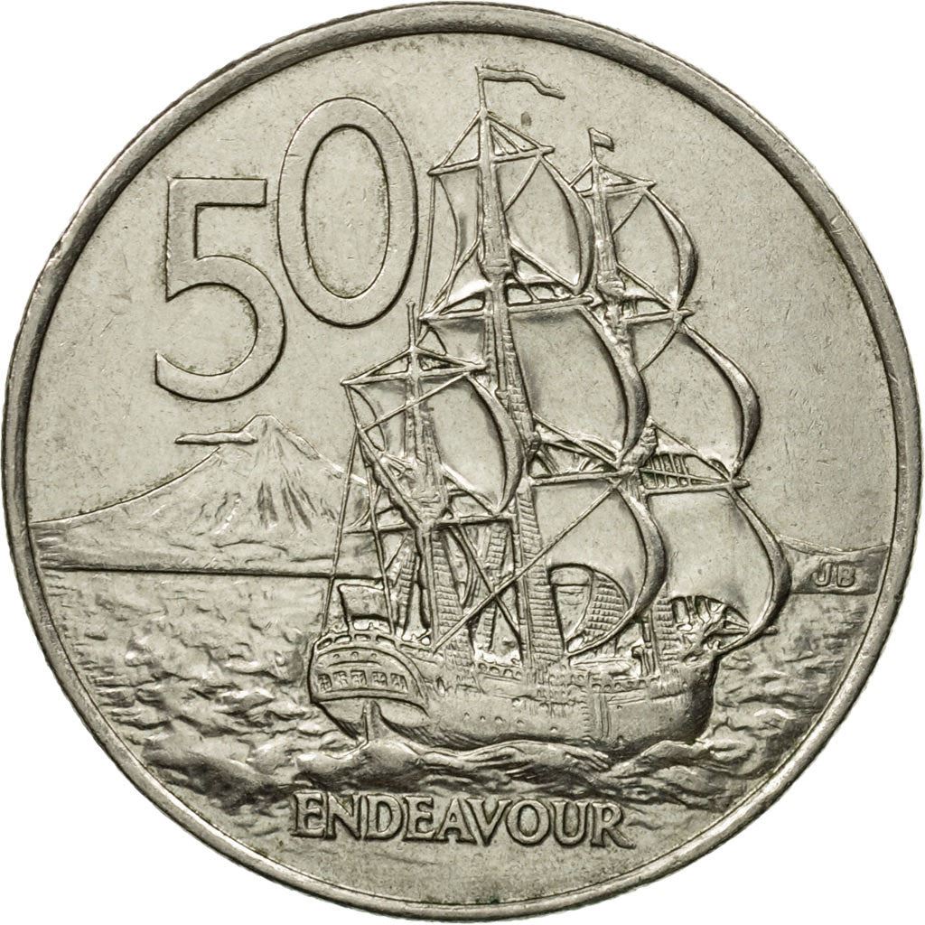 New Zealander 50 Cents Coin | Queen Elizabeth II | Captain James Cook | HMS Endeavour | KM119 | 1999 - 2006