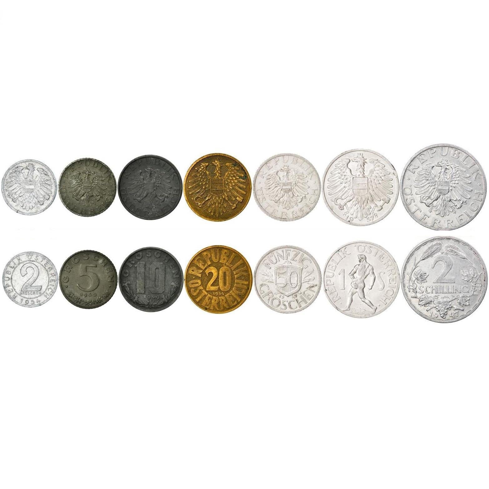 Autriche | Ensemble de 7 pièces | 2 5 10 20 50 Groschen 1 2 Schilling | Écu autrichien | Semeuse | 1946 - 1957