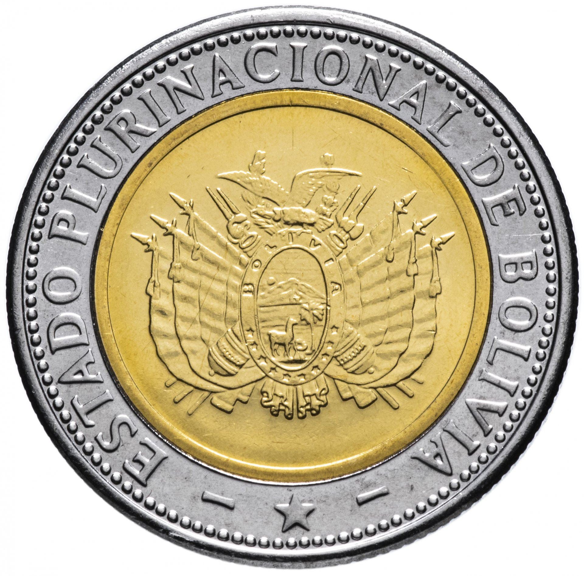 Bolivia | 5 boliviano-mønt | Bimetallisk | Fugl | Flag | Våbenskjold | Skydevåben | KM:224 | 2017