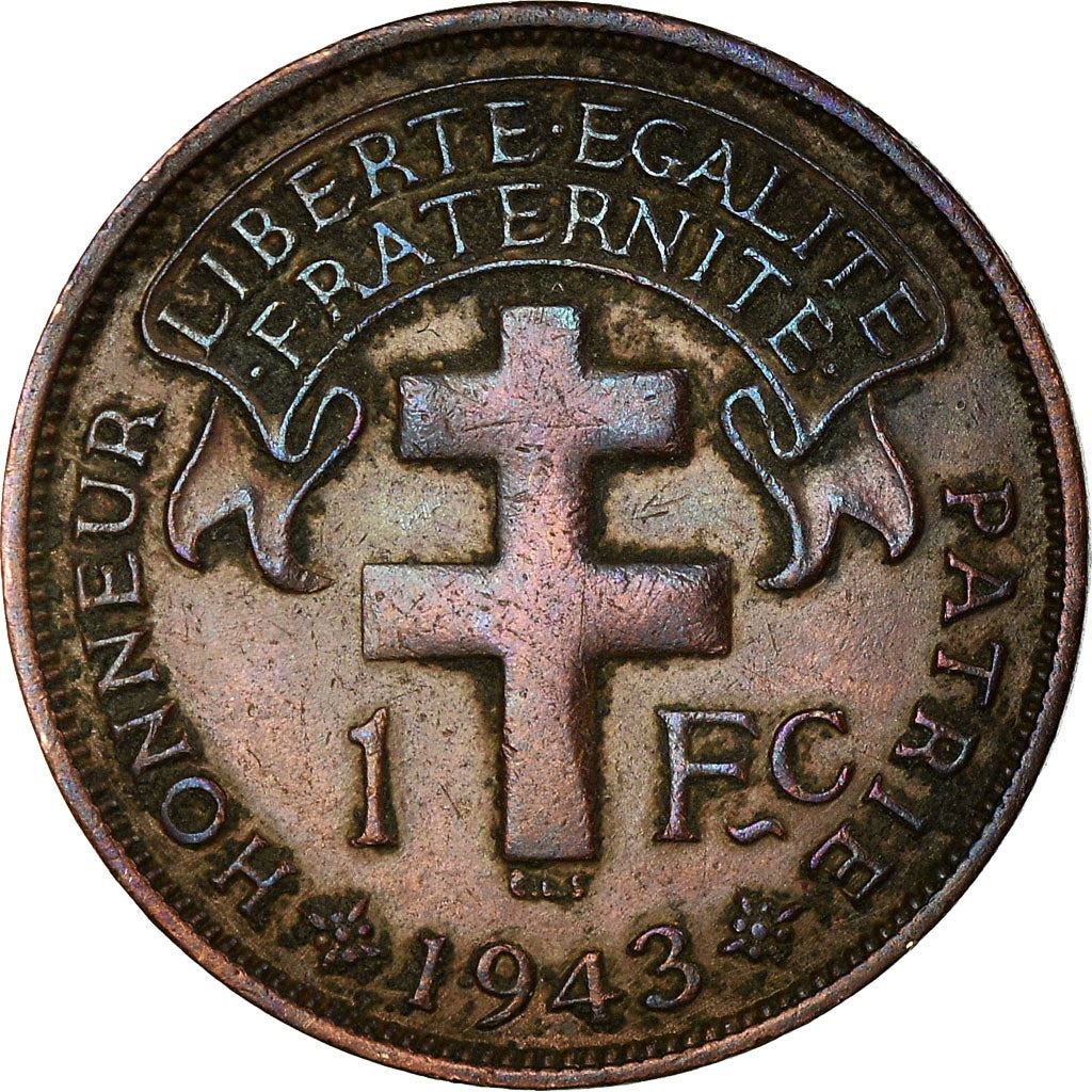 French Cameroon | 1 Franc Coin | Rooster | Lorraine Cross | Km:5 | 1943