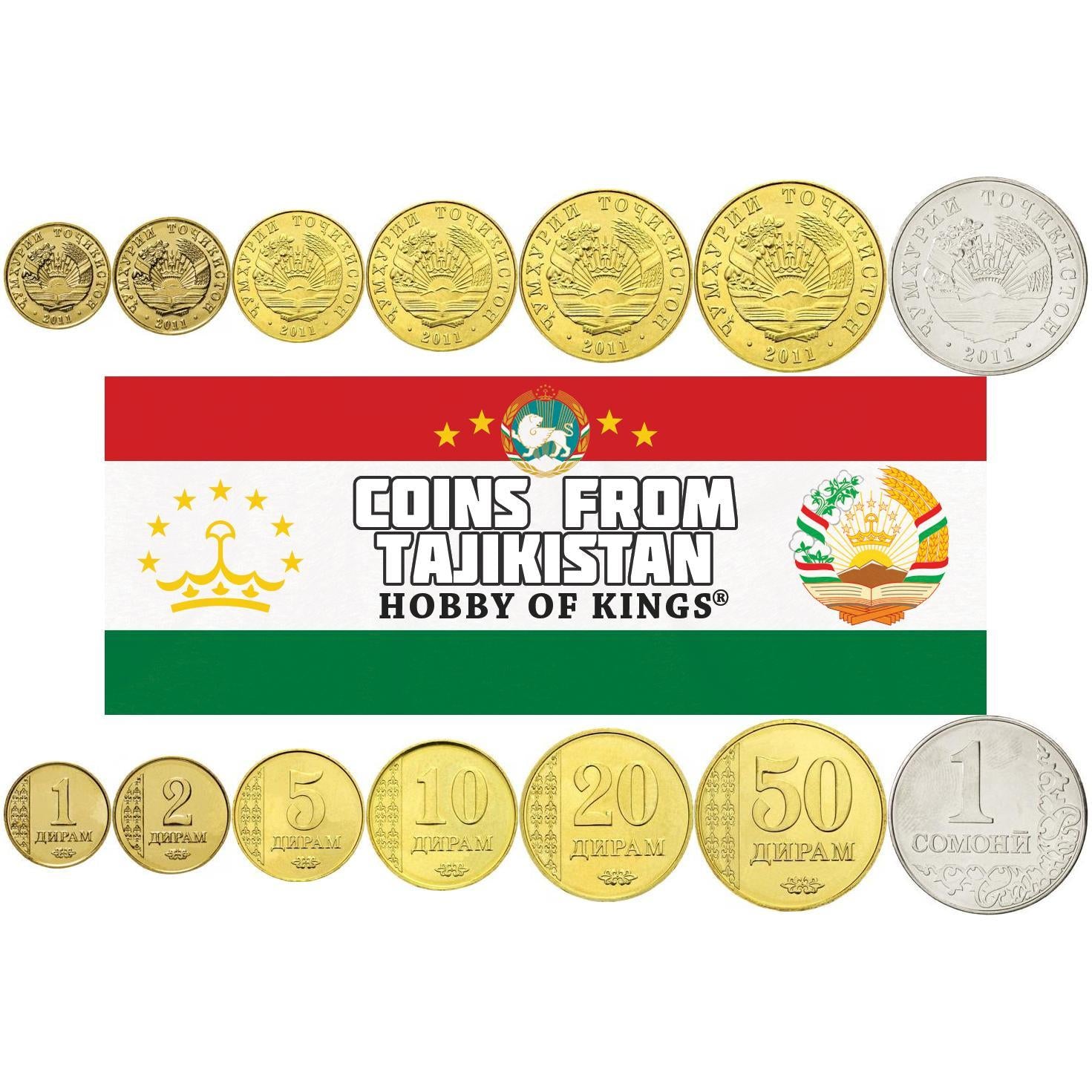 Tajikistan | 7 Coin Set | 1 2 5 10 20 50 Diram 1 Somoni | 2011