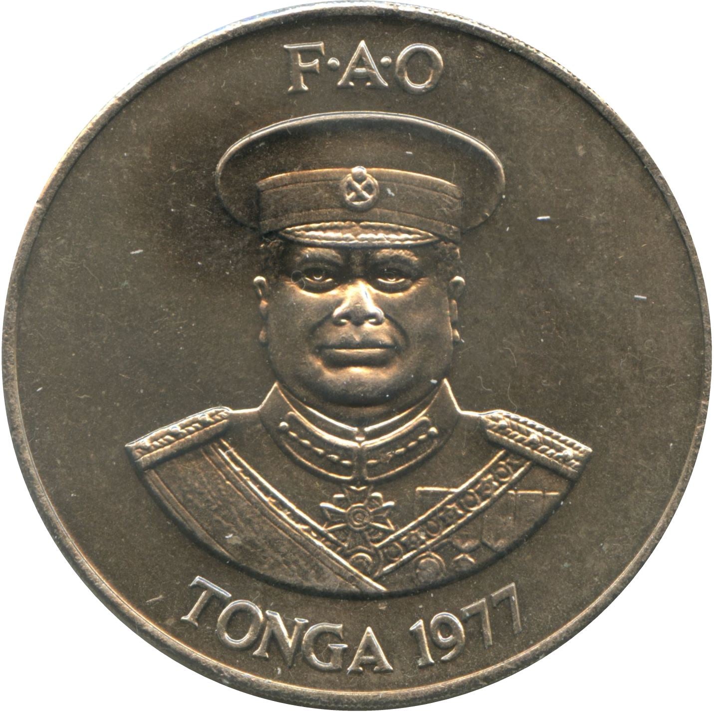 Tonga | 2 Pa'Anga Mynt | Kung Tupou IV | FAO | Fisk | Banan | Ko | Kyckling | Gris | Palm | Majs | Honungsbi | Vattenmelon | Km:49 | 1975 - 1977