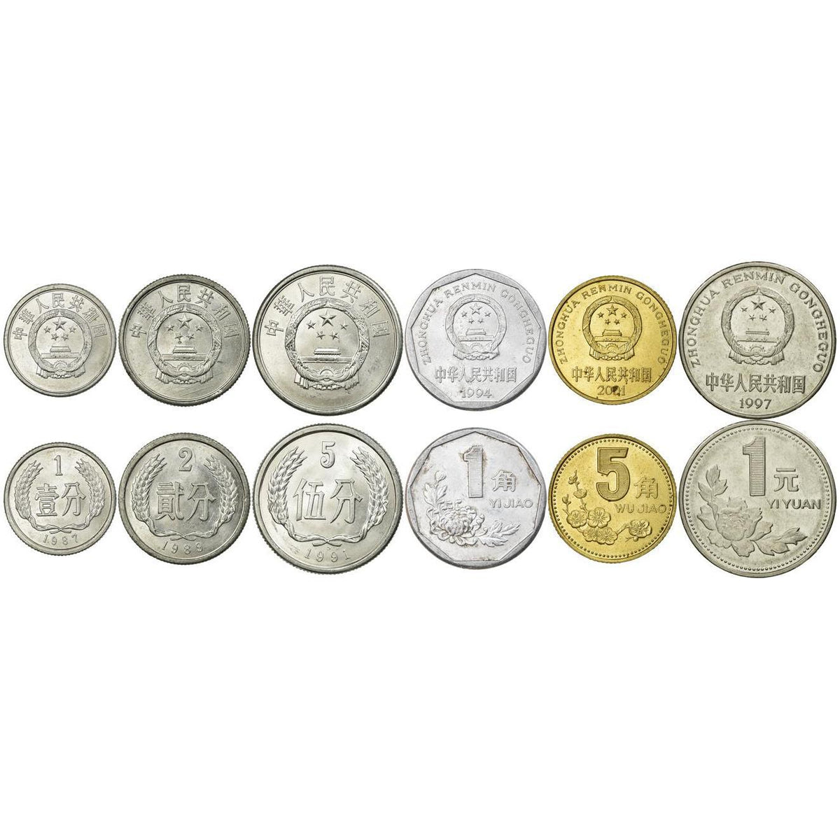 People'S Republic of China | 6 Coin Set | 1 2 5 Fen 1 5 Jiao 1 Yuan | 1987 - 2001