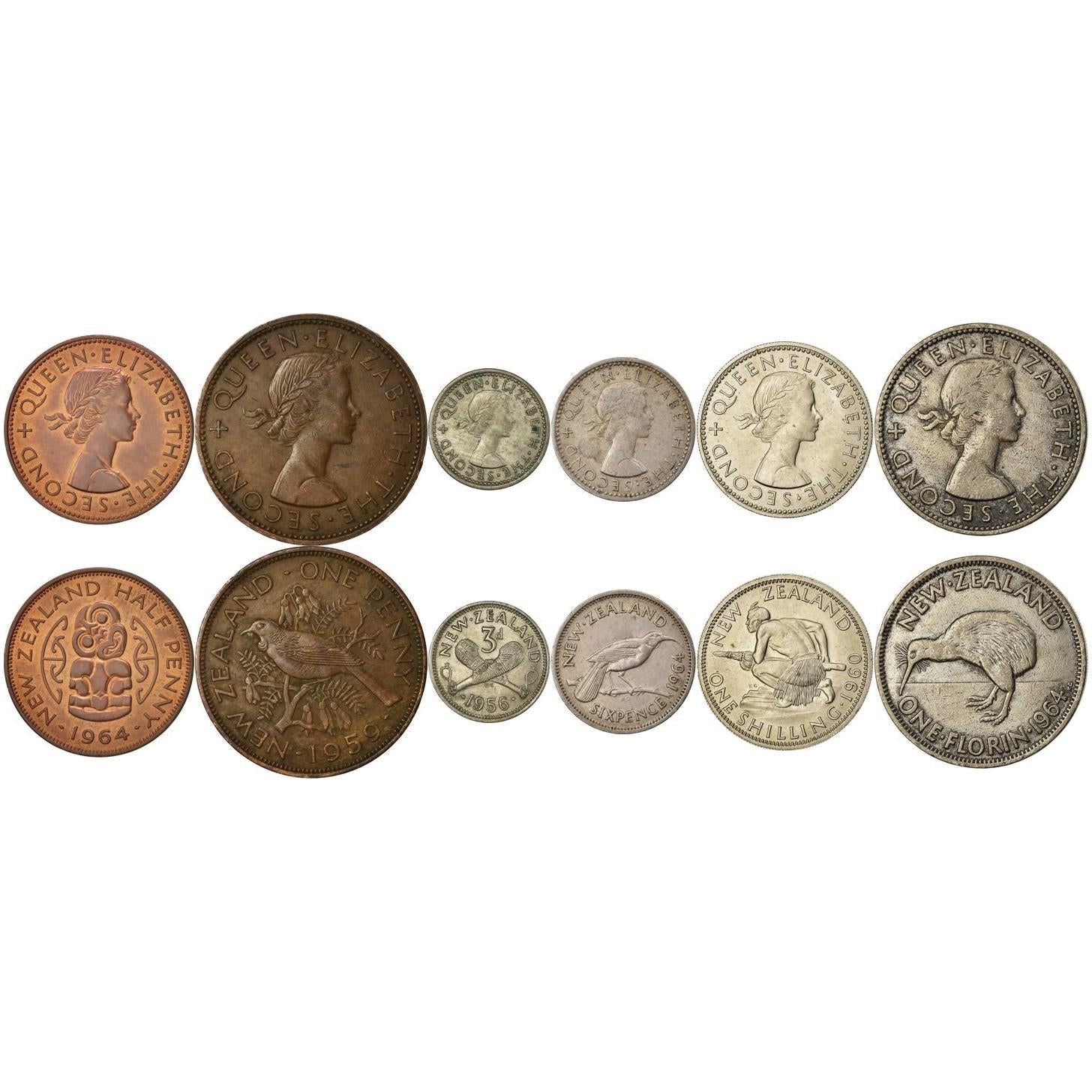 Nieuw-Zeeland | Set van 6 Munten | 1/2 1 Penny 3 6 Pence 1 Shilling 1 Florijn | 1953 - 1965