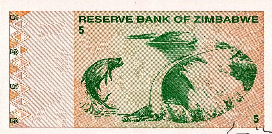 Zimbabwe | 5 Dollars Banknote | 2009 | Chiremba Balancing Rocks | Zimbabwe Bird | Tigerfish | Kariba Dam