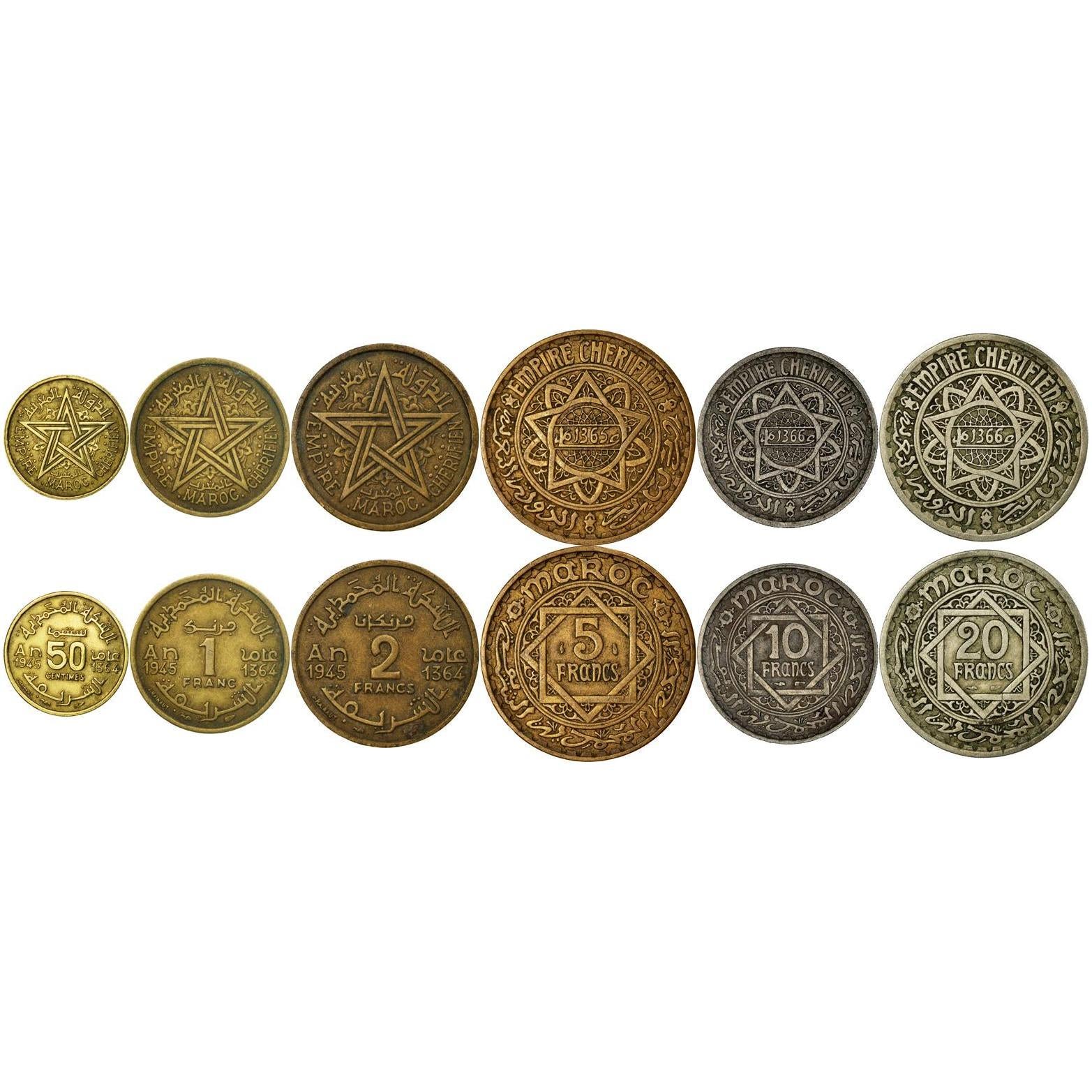 Morocco | 6 Coin Set | 50 Centimes 1 Franc 2 5 10 20 Francs | 1945 - 1947