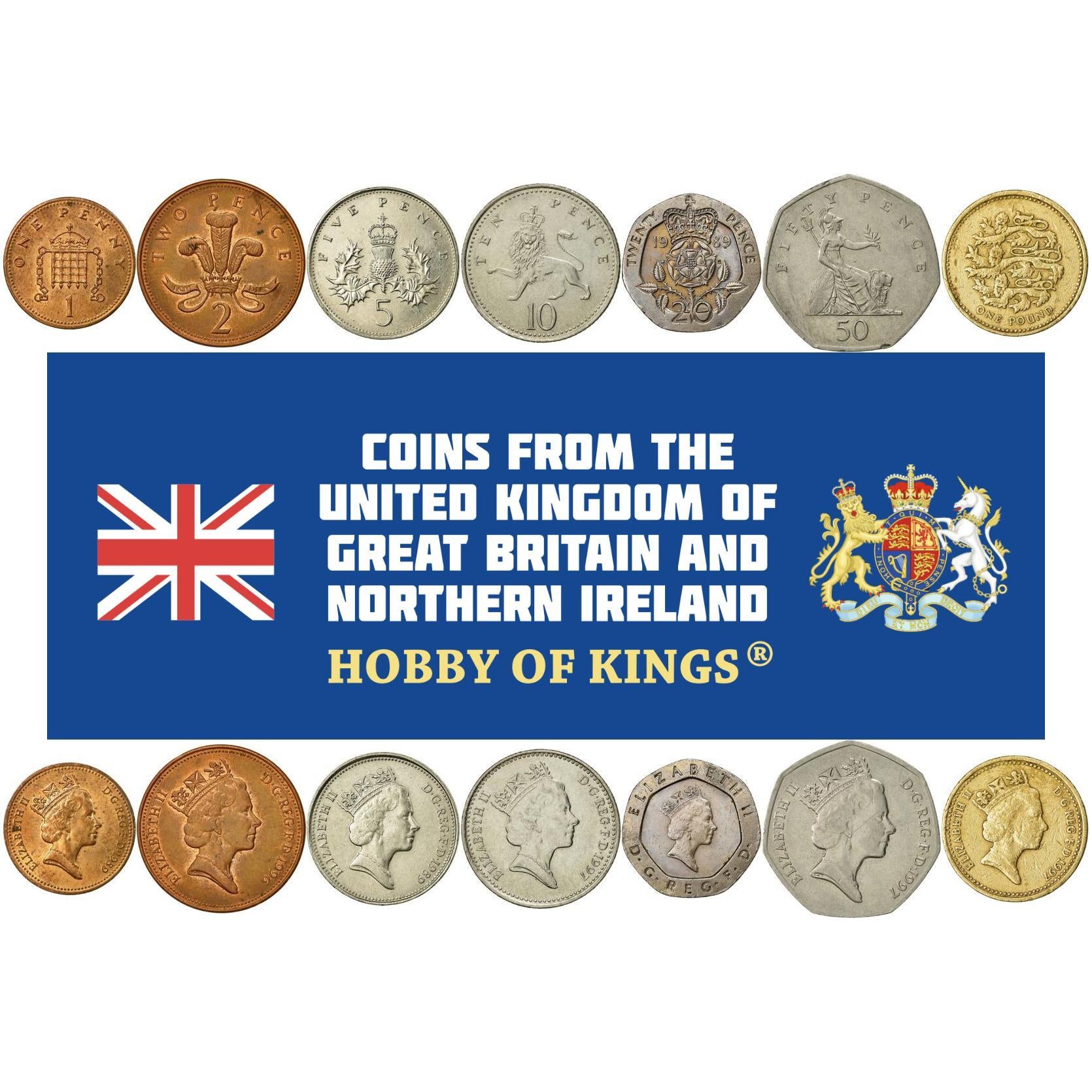 United Kingdom | 7 Coin Set | 1 Penny 2 5 10 20 50 Pence 1 Pound | 1985 - 1997