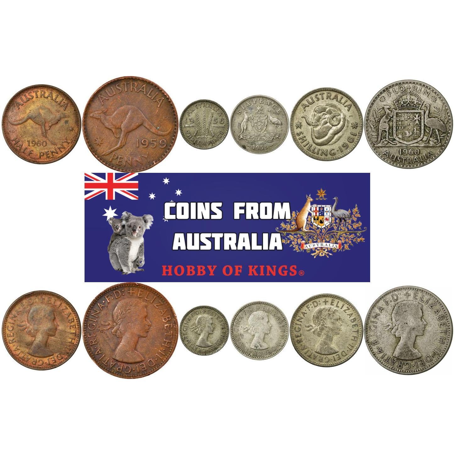 Australian 6 Coin Set ½ 1 Penny 3 6 Pence 1 2 Shilling | Wheat stalk | Kangaroo | Emu | Elizabeth II | Ram | 1953 - 1964