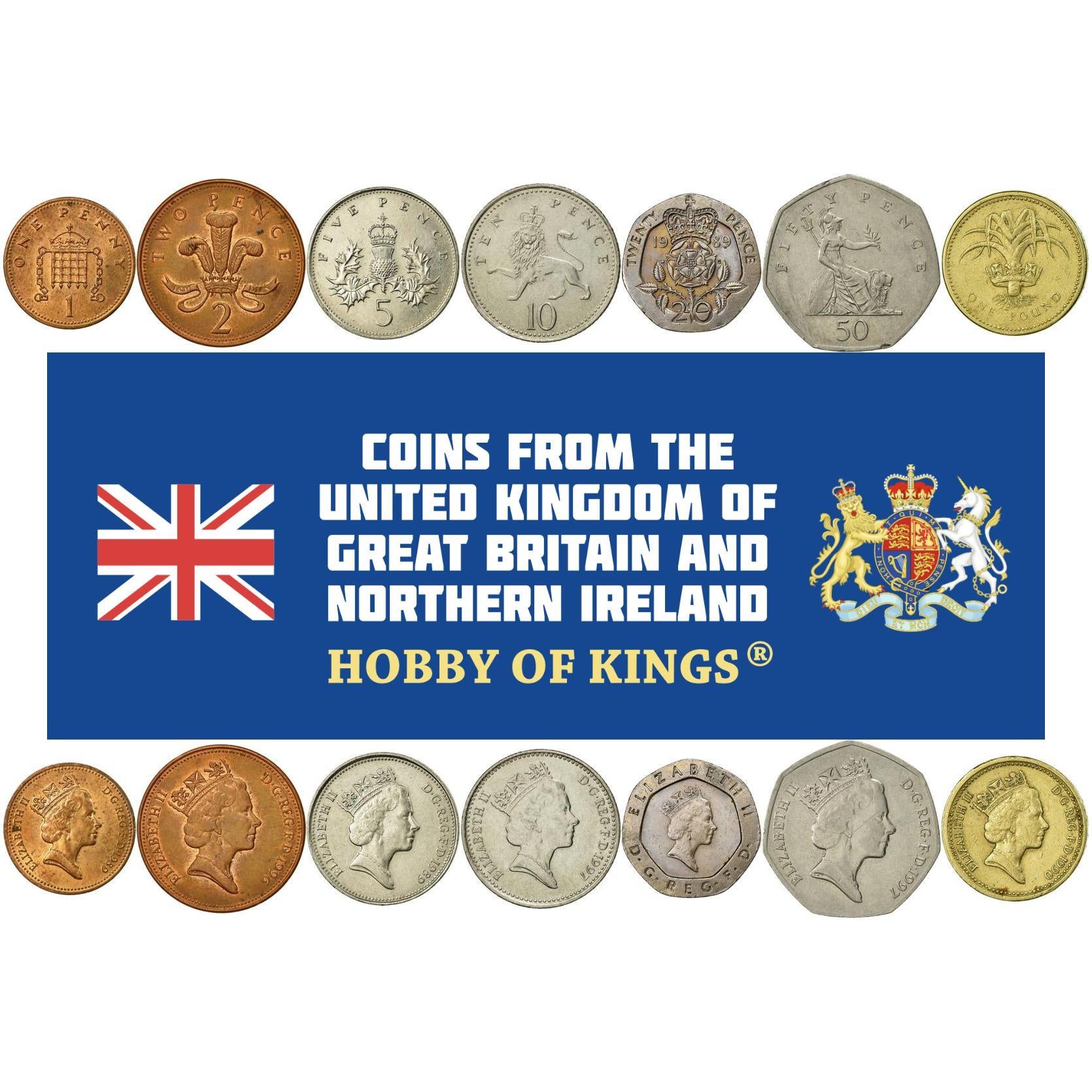 United Kingdom | 7 Coin Set | 1 Penny 2 5 10 20 50 Pence 1 Pound | 1985 - 1997