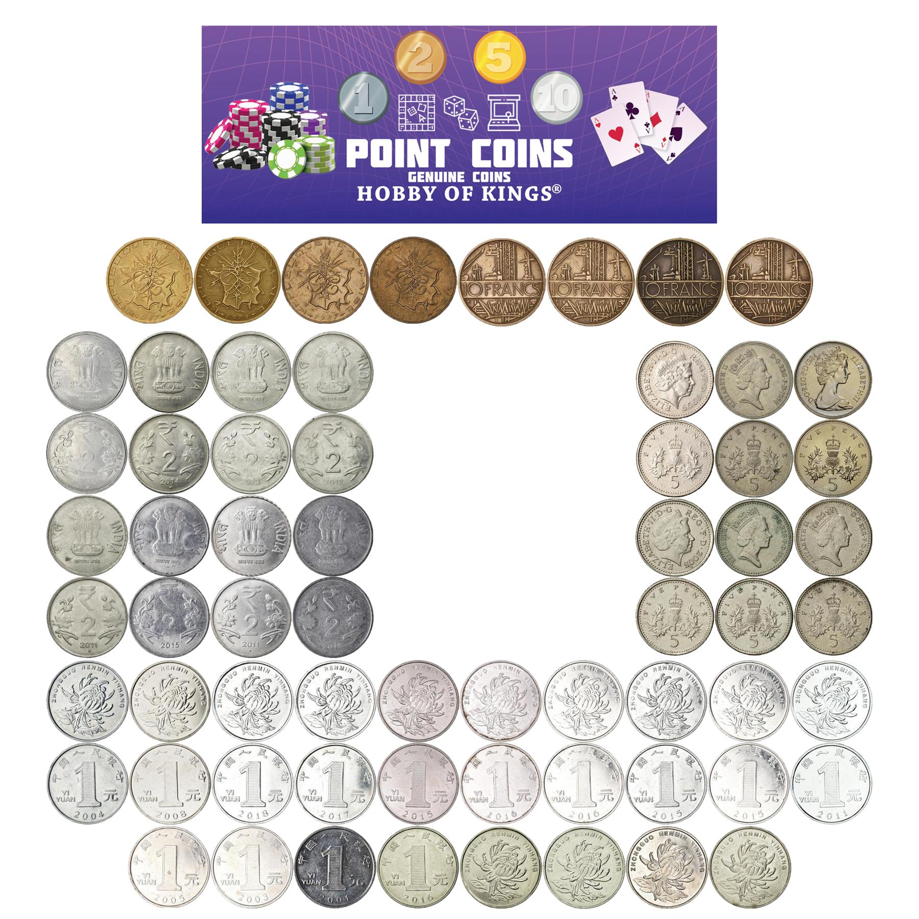 Play Money For Board Games & Card Games | 64 Real Coins | 1 2 5 10 | Total 200 Points | Genuine Toy Currency