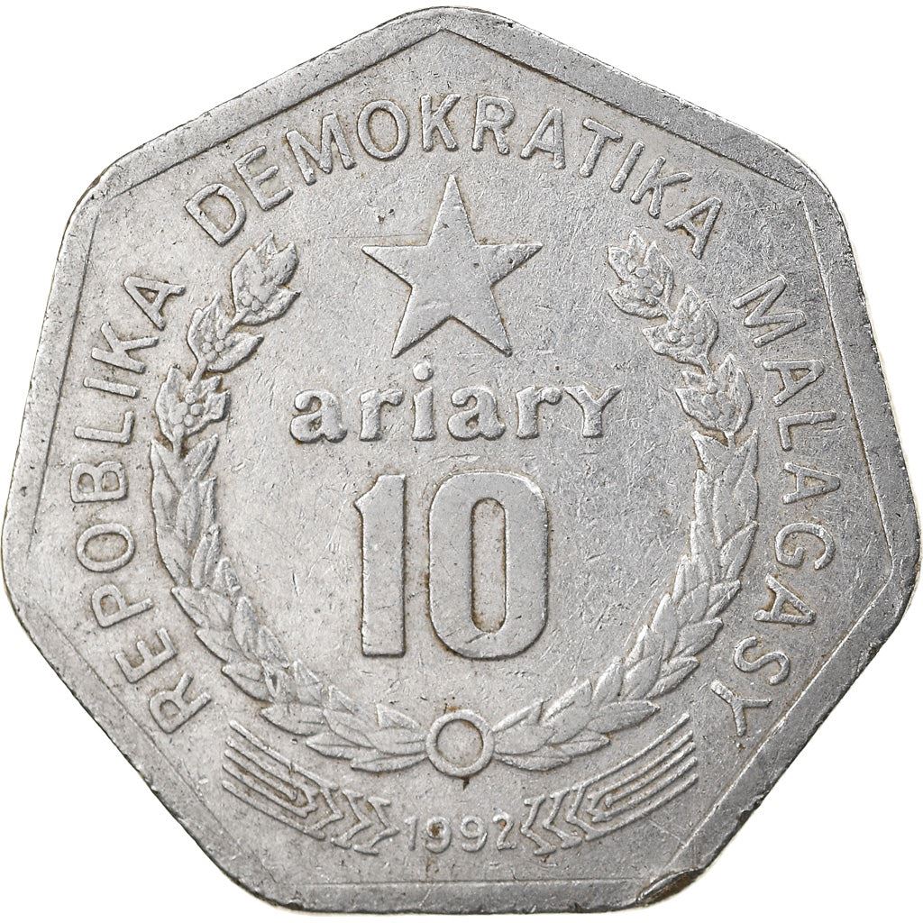 Madagascar | 10 Ariary Coin | Star | Worker | Peat | Km:18 | 1992