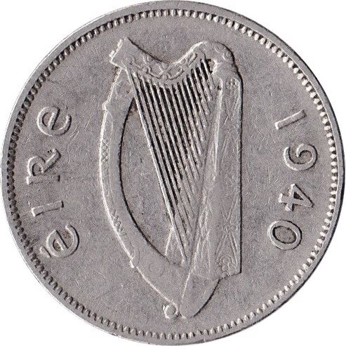 Irish 6 Pingin Coin | Celtic Harp | Irish Wolfhound | KM13 | 1939 - 1940
