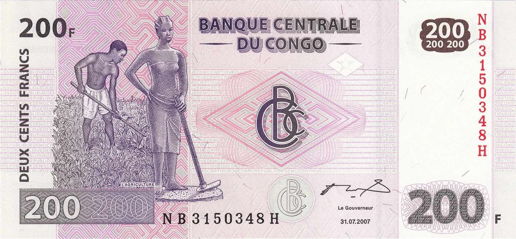 Democratic Republic of The Congo | 200 Francs Banknote | 2007 - 2024 | Fieldworkder | Agricultural Sculpture | Telegraphic Gong Drummers