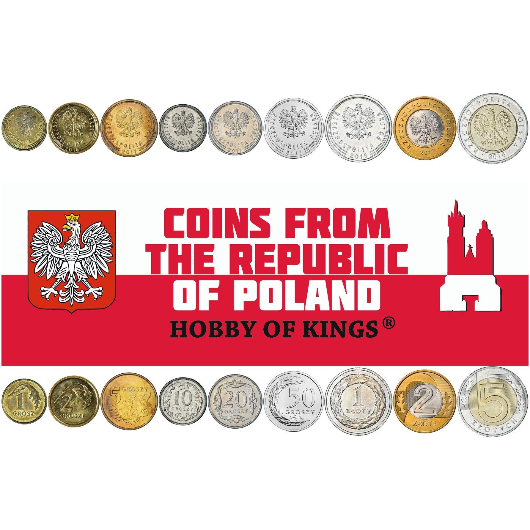 Polish 9 Coin Set 1 2 5 10 20 50 Grosz 1 2 5 Złote | White Crowned Eagle | Poland | 2013 - 2021