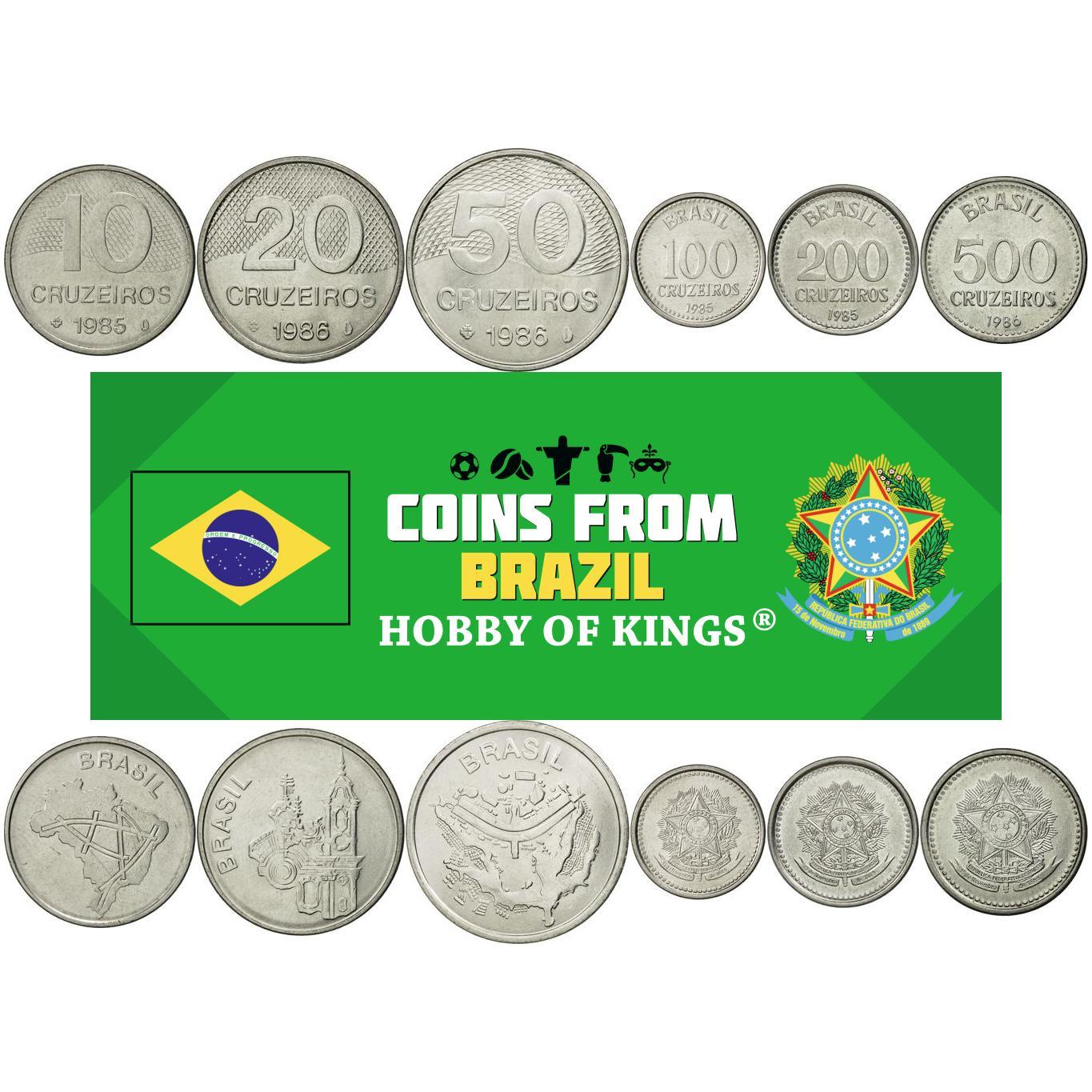 Set 6 Munten Brazilië 10 20 50 100 200 500 Cruzeiros Braziliaanse Munteenheid 1985 - 1986