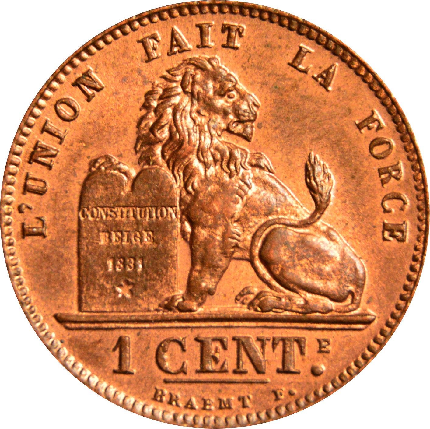Belgian 1 Centime Coin | Leopold II Belgique | Lion | Constitution | KM33 | 1869 - 1907